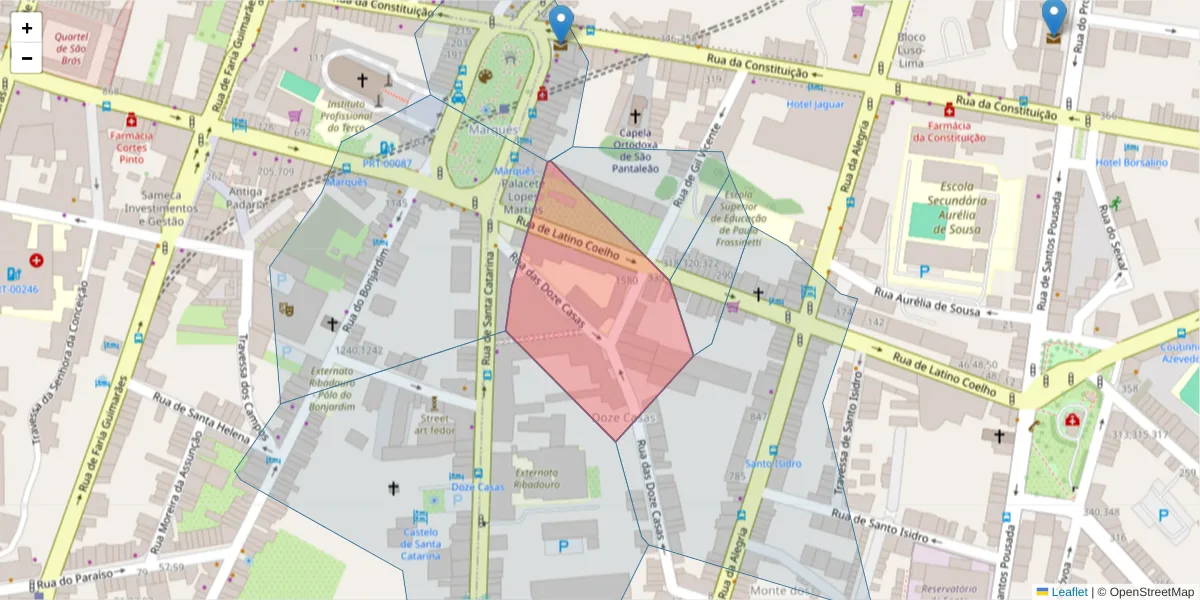 Mapa detalhado do código postal 4000-255 com limites, códigos postais vizinhos e agências dos correios
