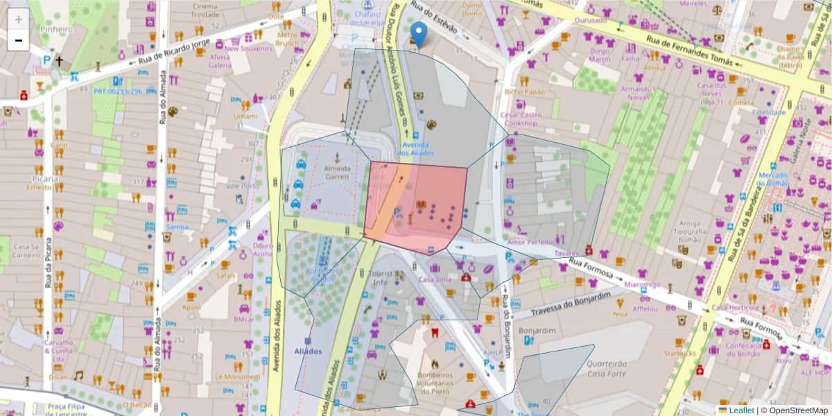 Mapa detalhado do código postal 4000-274 com limites, códigos postais vizinhos e agências dos correios