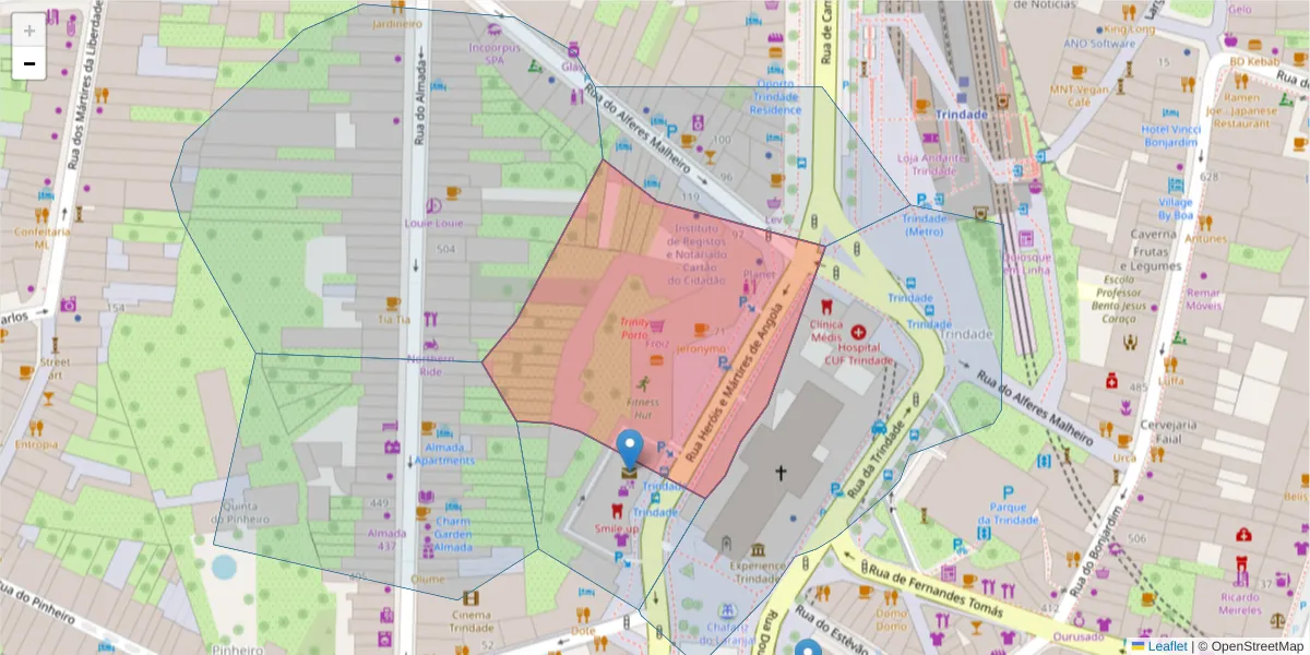 Mapa detalhado do código postal 4000-285 com limites, códigos postais vizinhos e agências dos correios