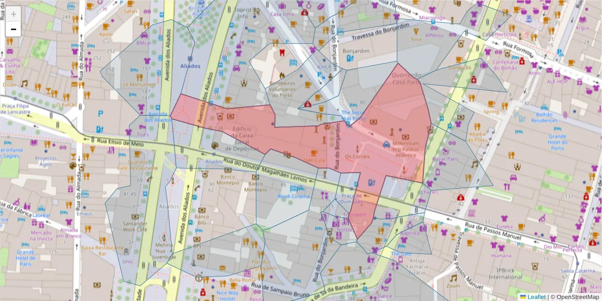 Mapa detalhado do código postal 4000-295 com limites, códigos postais vizinhos e agências dos correios
