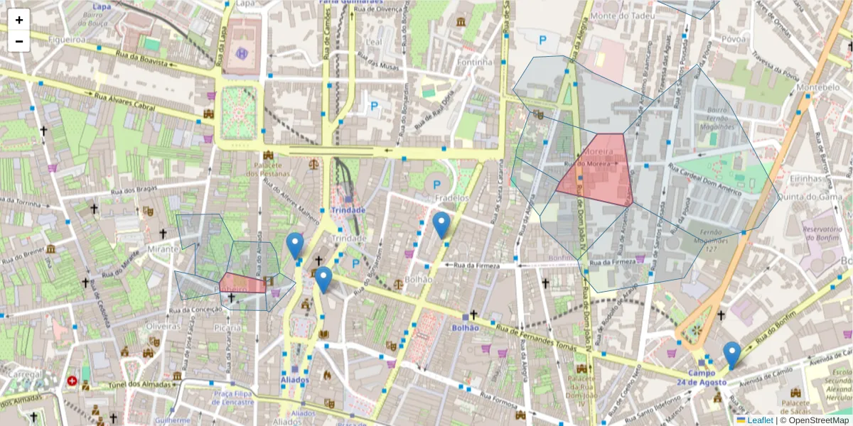 Mapa detalhado do código postal 4000-303 com limites, códigos postais vizinhos e agências dos correios