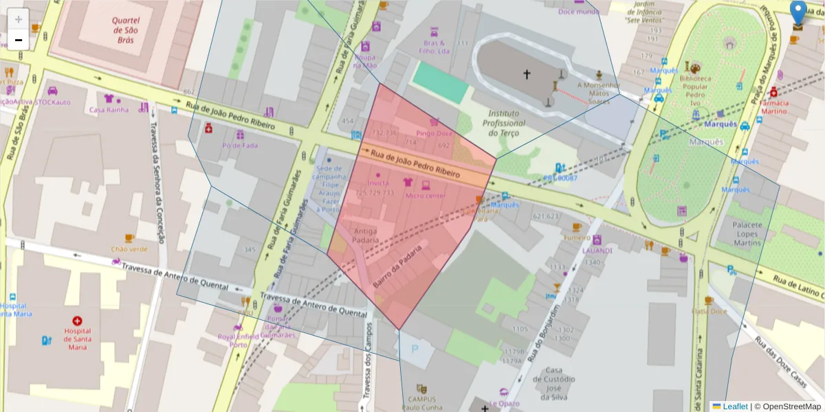 Mapa detalhado do código postal 4000-307 com limites, códigos postais vizinhos e agências dos correios