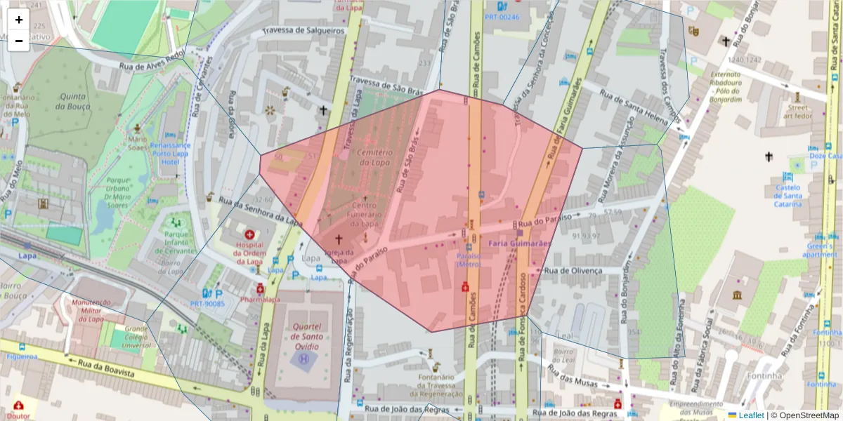 Mapa detalhado do código postal 4000-376 com limites, códigos postais vizinhos e agências dos correios