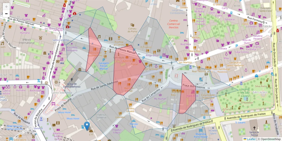 Mapa detalhado do código postal 4000-382 com limites, códigos postais vizinhos e agências dos correios