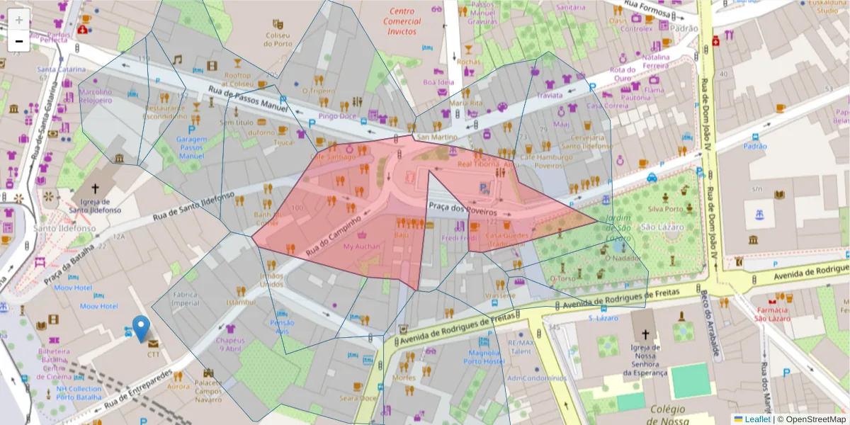 Mapa detalhado do código postal 4000-393 com limites, códigos postais vizinhos e agências dos correios