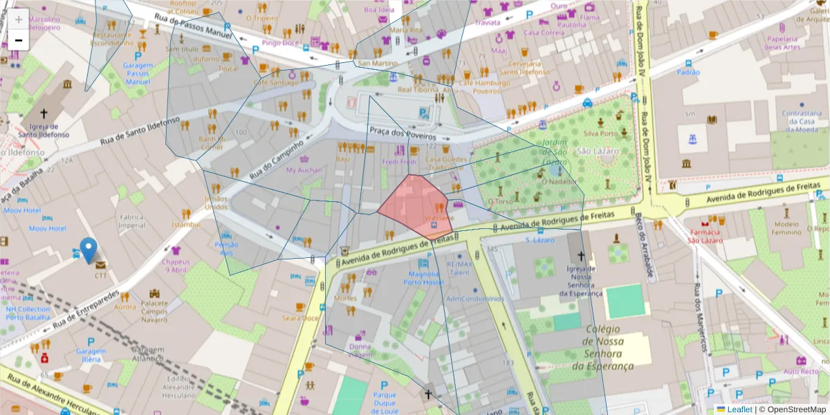 Mapa detalhado do código postal 4000-416 com limites, códigos postais vizinhos e agências dos correios