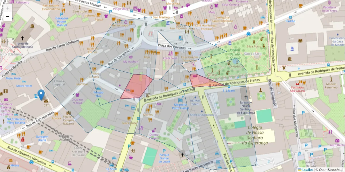 Mapa detalhado do código postal 4000-418 com limites, códigos postais vizinhos e agências dos correios