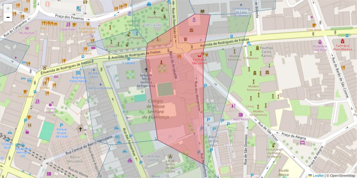 Mapa detalhado do código postal 4000-421 com limites, códigos postais vizinhos e agências dos correios