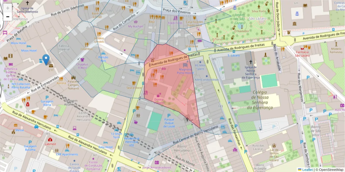 Mapa detalhado do código postal 4000-422 com limites, códigos postais vizinhos e agências dos correios
