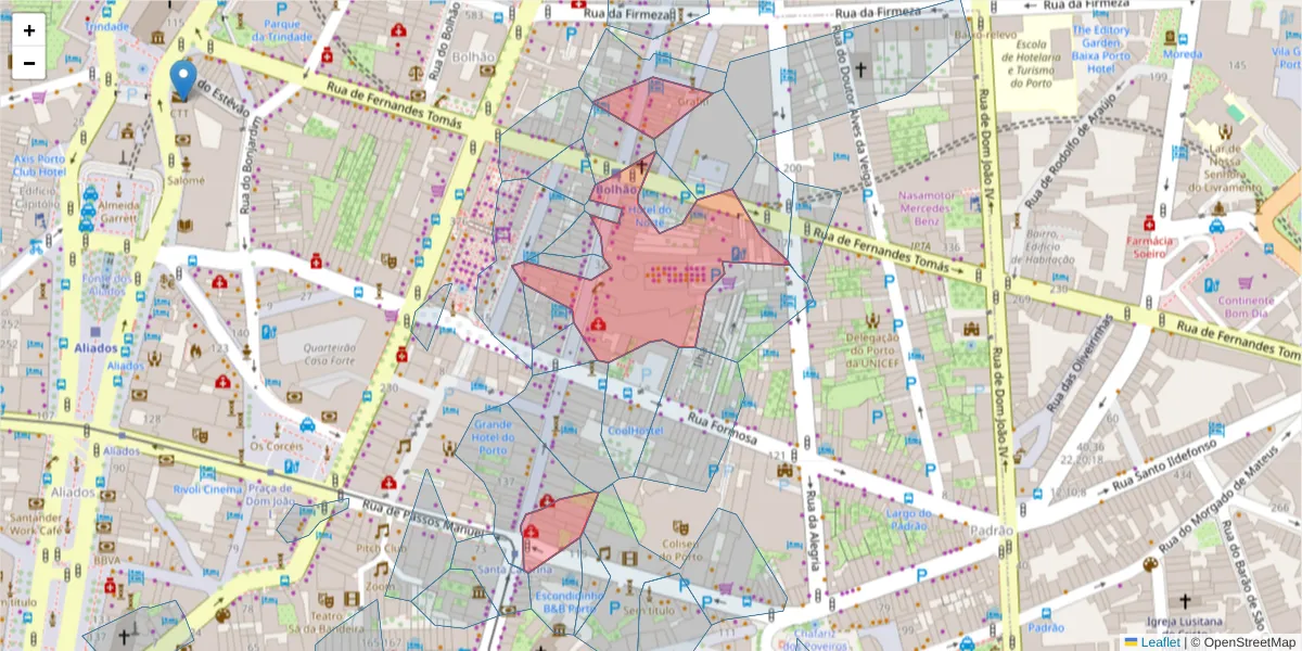 Mapa detalhado do código postal 4000-443 com limites, códigos postais vizinhos e agências dos correios