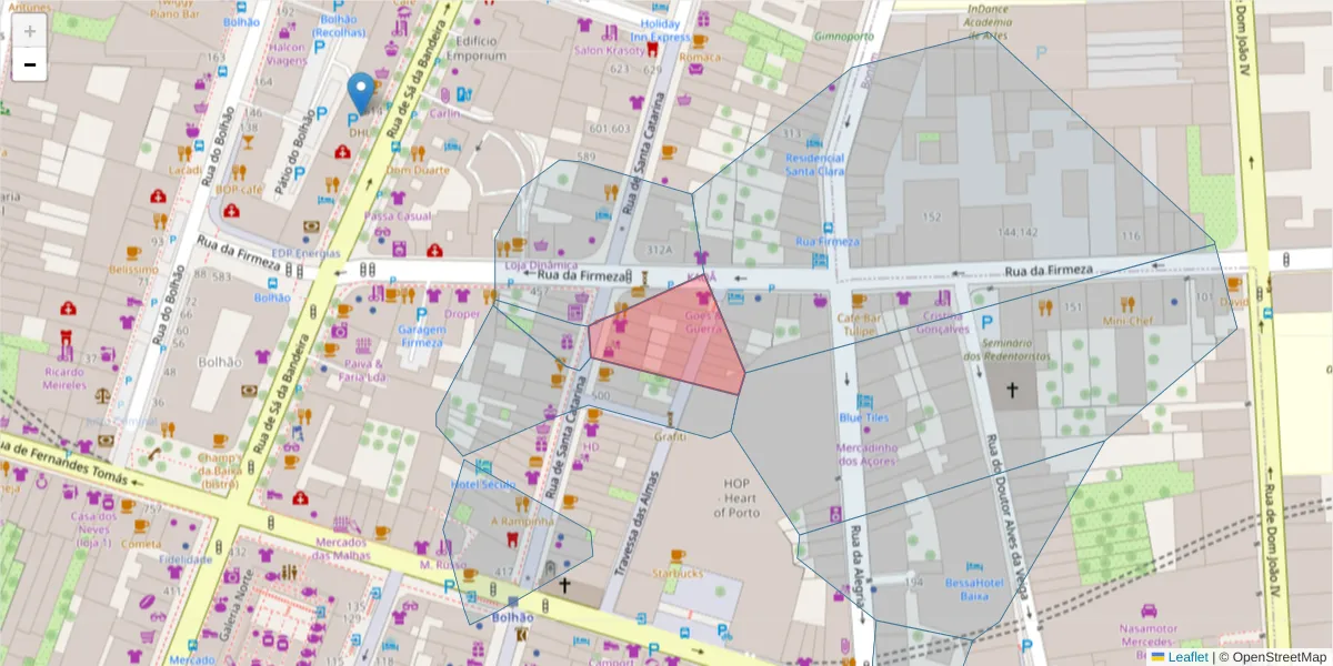 Mapa detalhado do código postal 4000-445 com limites, códigos postais vizinhos e agências dos correios