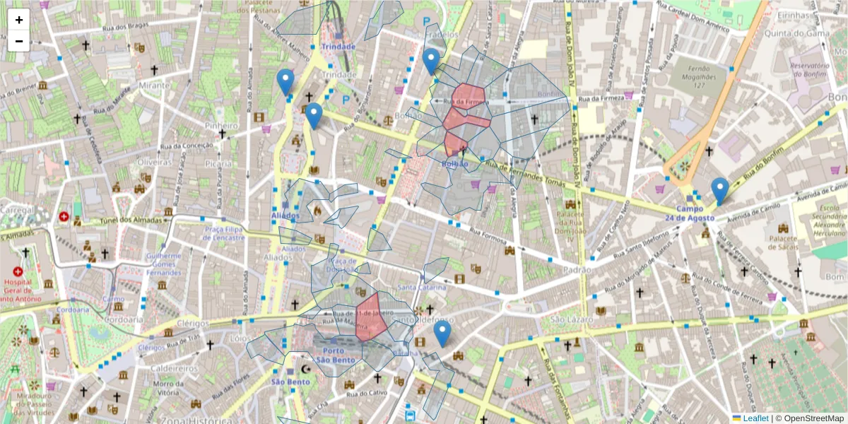Mapa detalhado do código postal 4000-452 com limites, códigos postais vizinhos e agências dos correios
