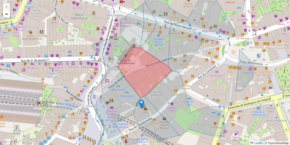 Mapa detalhado do código postal 4000-463 com limites, códigos postais vizinhos e agências dos correios