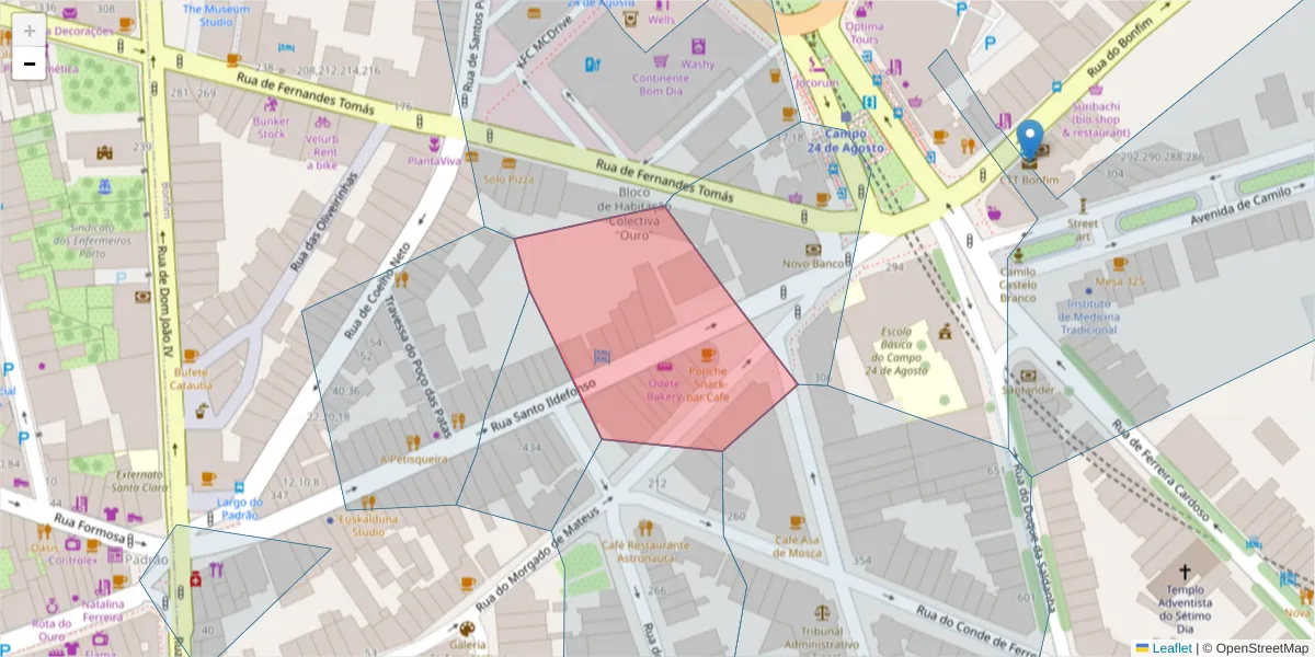Mapa detalhado do código postal 4000-467 com limites, códigos postais vizinhos e agências dos correios