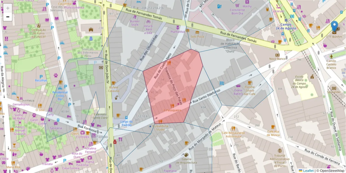 Mapa detalhado do código postal 4000-472 com limites, códigos postais vizinhos e agências dos correios