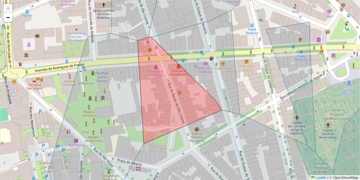 Mapa detalhado do código postal 4000-500 com limites, códigos postais vizinhos e agências dos correios