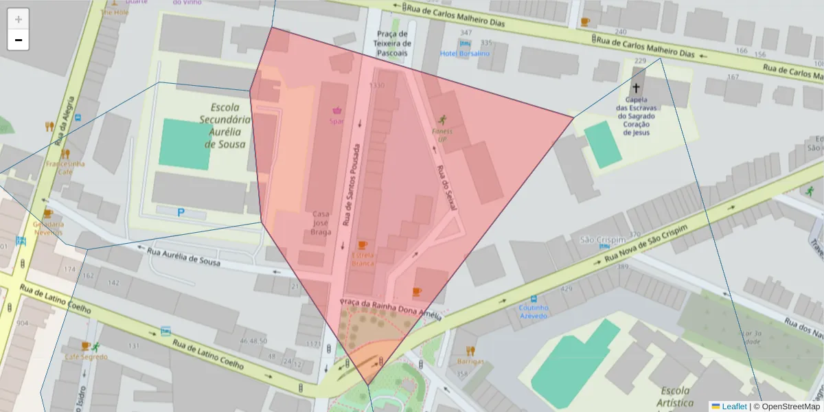 Mapa detalhado do código postal 4000-521 com limites, códigos postais vizinhos e agências dos correios