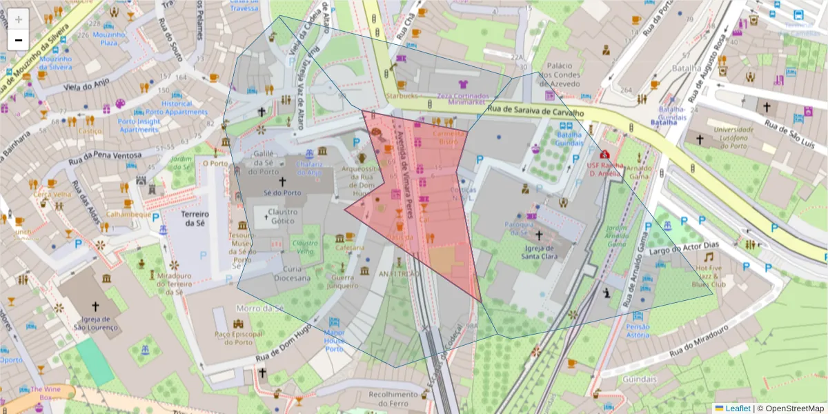 Mapa detalhado do código postal 4000-545 com limites, códigos postais vizinhos e agências dos correios
