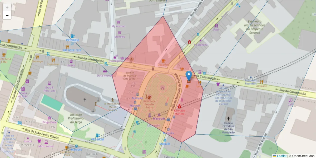 Mapa detalhado do código postal 4000-799 com limites, códigos postais vizinhos e agências dos correios