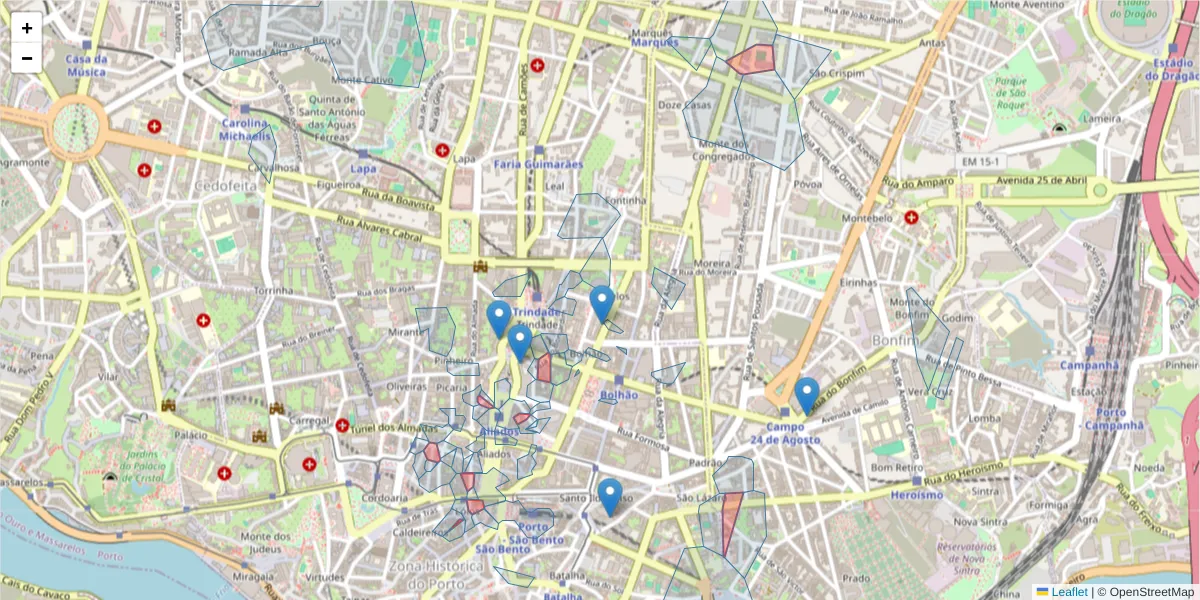 Mapa detalhado do código postal 4000 com limites, códigos postais vizinhos e agências dos correios