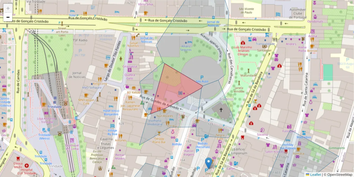 Mapa detalhado do código postal 4049-008 com limites, códigos postais vizinhos e agências dos correios