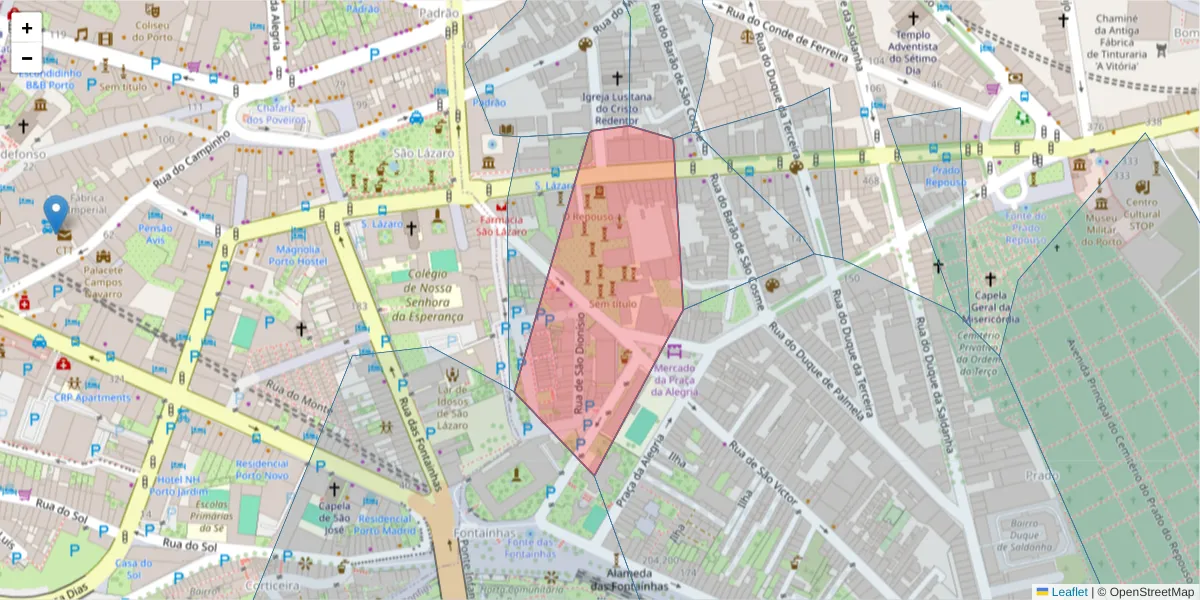 Mapa detalhado do código postal 4049-021 com limites, códigos postais vizinhos e agências dos correios