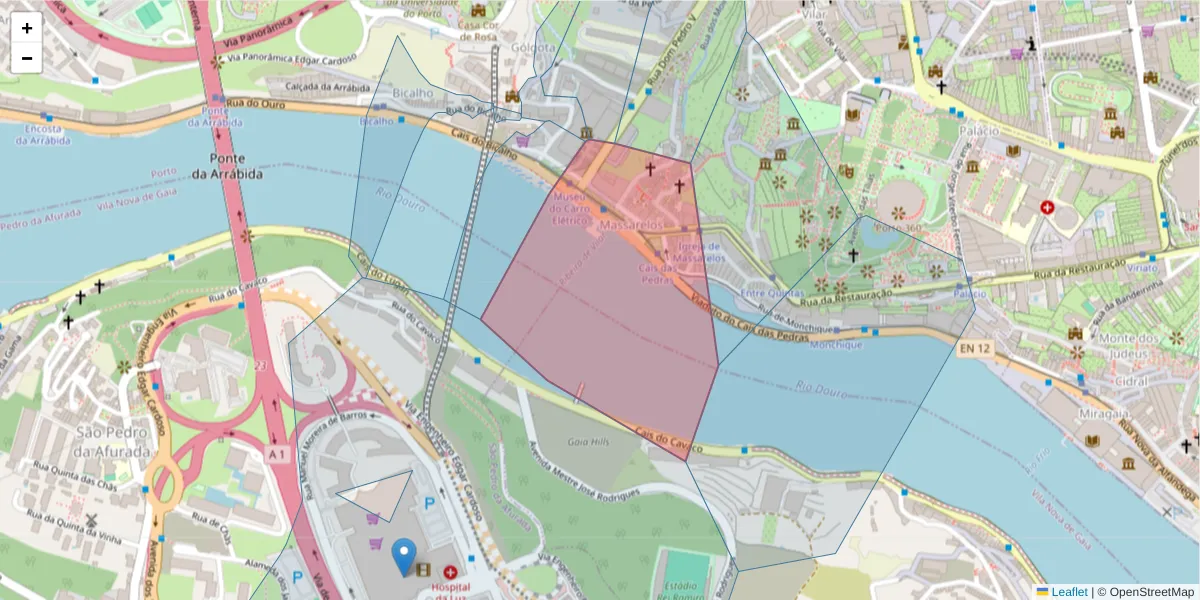 Mapa detalhado do código postal 4050-015 com limites, códigos postais vizinhos e agências dos correios