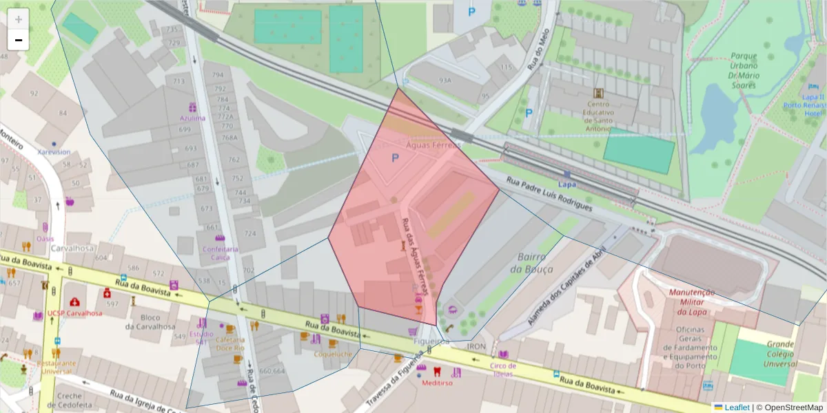 Mapa detalhado do código postal 4050-021 com limites, códigos postais vizinhos e agências dos correios