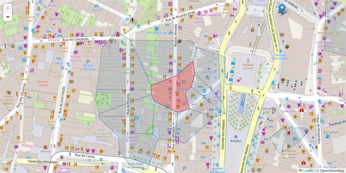 Mapa detalhado do código postal 4050-033 com limites, códigos postais vizinhos e agências dos correios