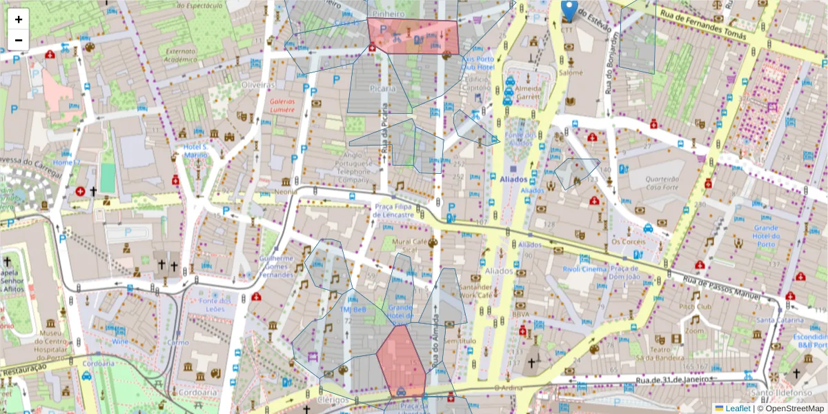 Mapa detalhado do código postal 4050-036 com limites, códigos postais vizinhos e agências dos correios