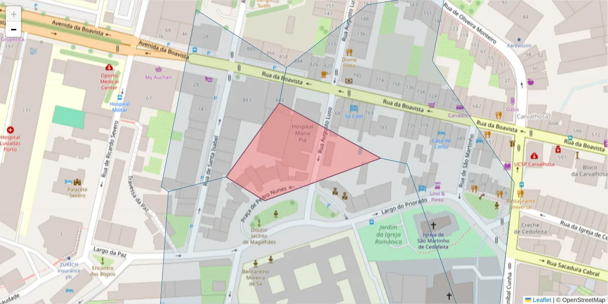 Mapa detalhado do código postal 4050-072 com limites, códigos postais vizinhos e agências dos correios