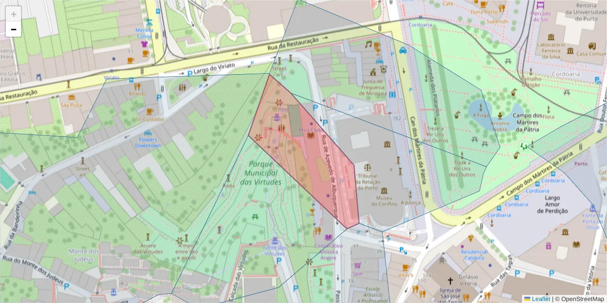 Mapa detalhado do código postal 4050-076 com limites, códigos postais vizinhos e agências dos correios