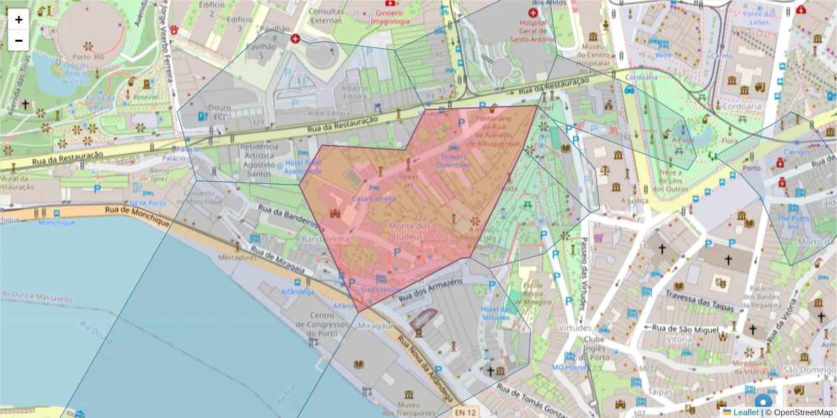 Mapa detalhado do código postal 4050-088 com limites, códigos postais vizinhos e agências dos correios