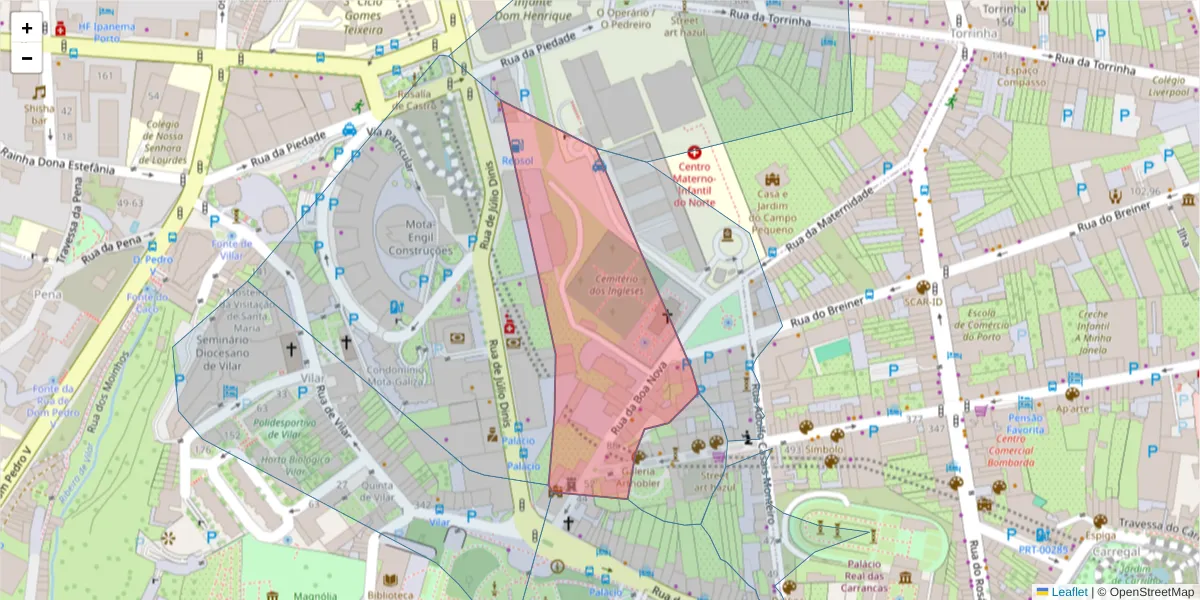 Mapa detalhado do código postal 4050-101 com limites, códigos postais vizinhos e agências dos correios