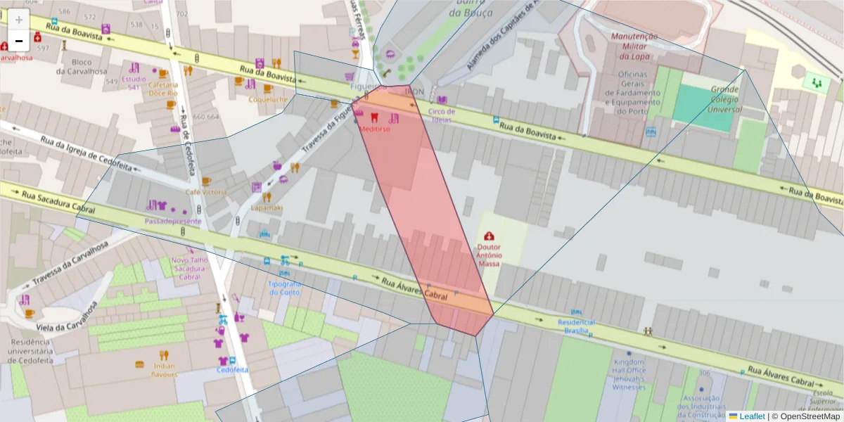 Mapa detalhado do código postal 4050-107 com limites, códigos postais vizinhos e agências dos correios