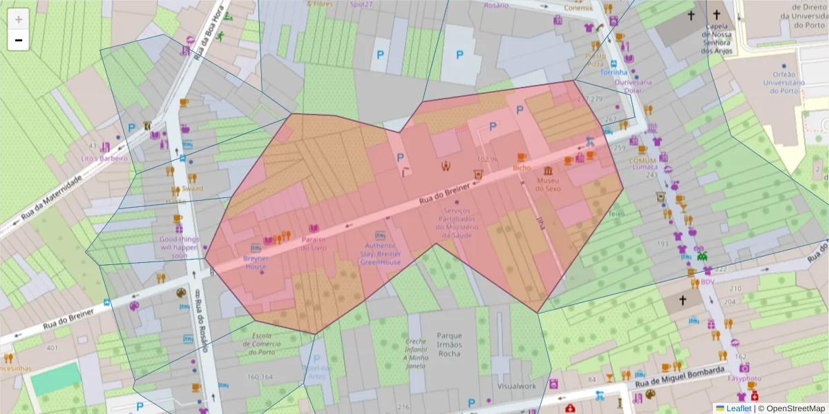 Mapa detalhado do código postal 4050-124 com limites, códigos postais vizinhos e agências dos correios