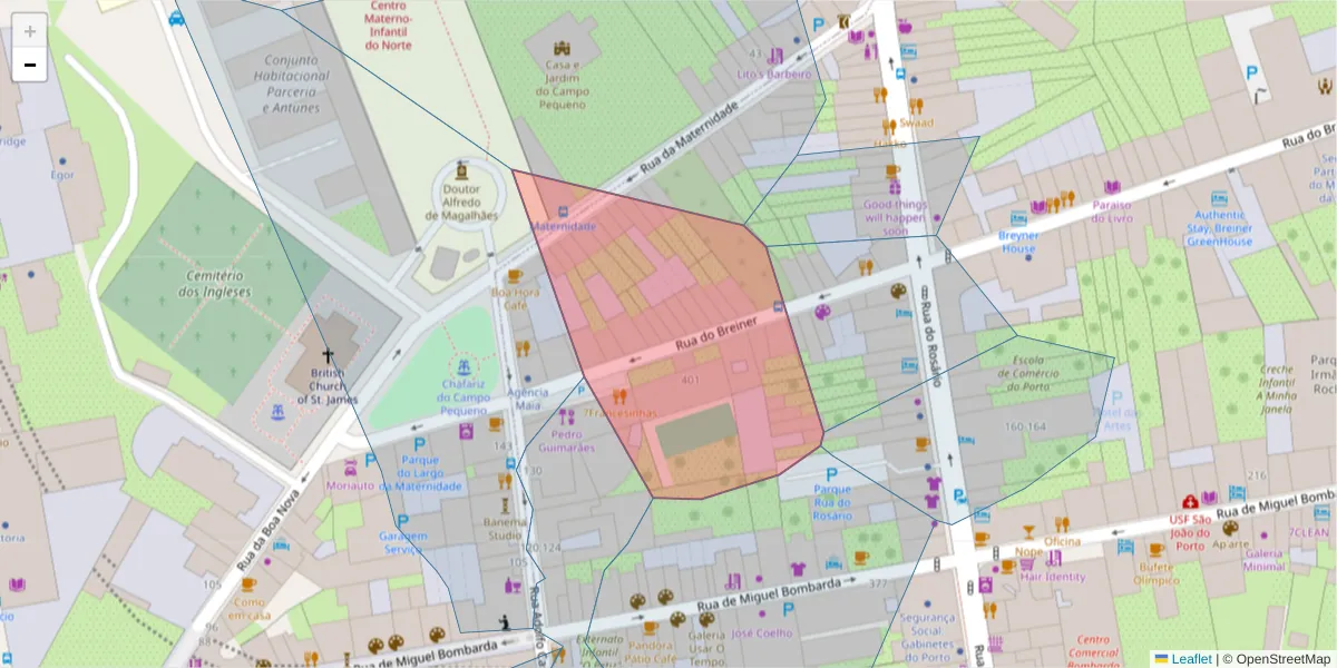 Mapa detalhado do código postal 4050-127 com limites, códigos postais vizinhos e agências dos correios