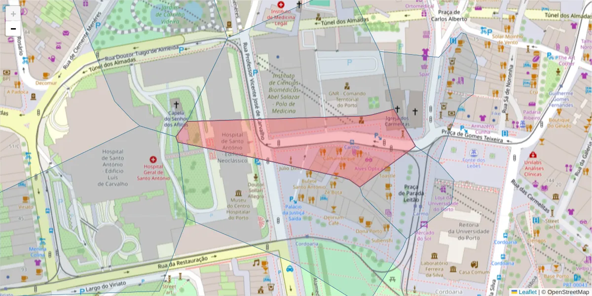 Mapa detalhado do código postal 4050-164 com limites, códigos postais vizinhos e agências dos correios