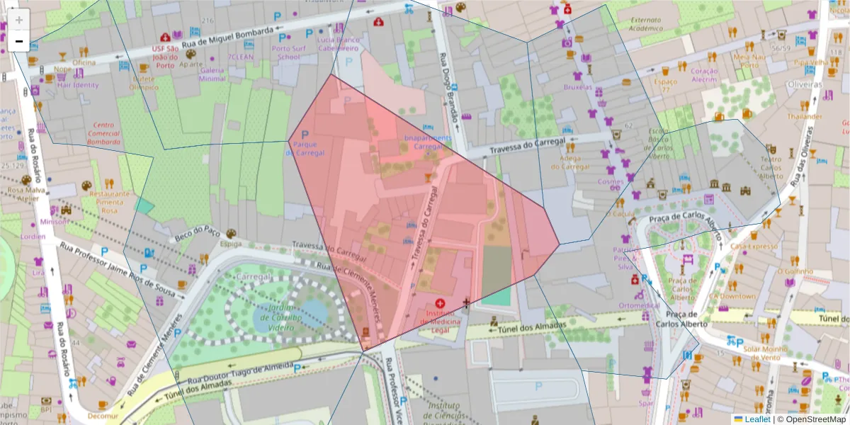 Mapa detalhado do código postal 4050-167 com limites, códigos postais vizinhos e agências dos correios