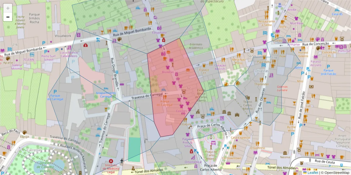 Mapa detalhado do código postal 4050-172 com limites, códigos postais vizinhos e agências dos correios