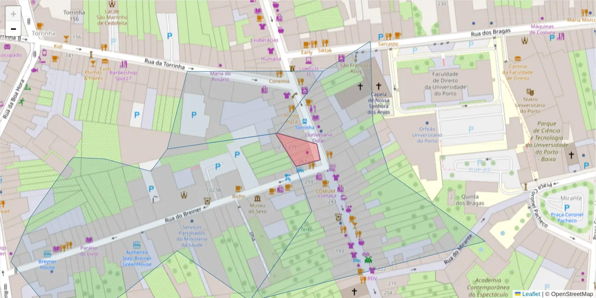 Mapa detalhado do código postal 4050-180 com limites, códigos postais vizinhos e agências dos correios