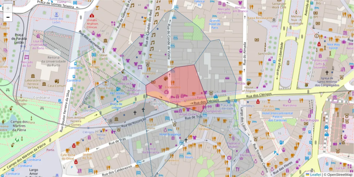 Mapa detalhado do código postal 4050-204 com limites, códigos postais vizinhos e agências dos correios