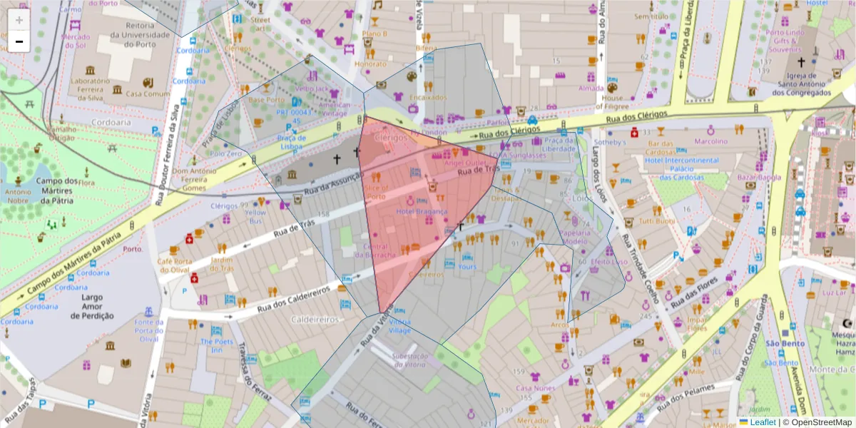 Mapa detalhado do código postal 4050-205 com limites, códigos postais vizinhos e agências dos correios
