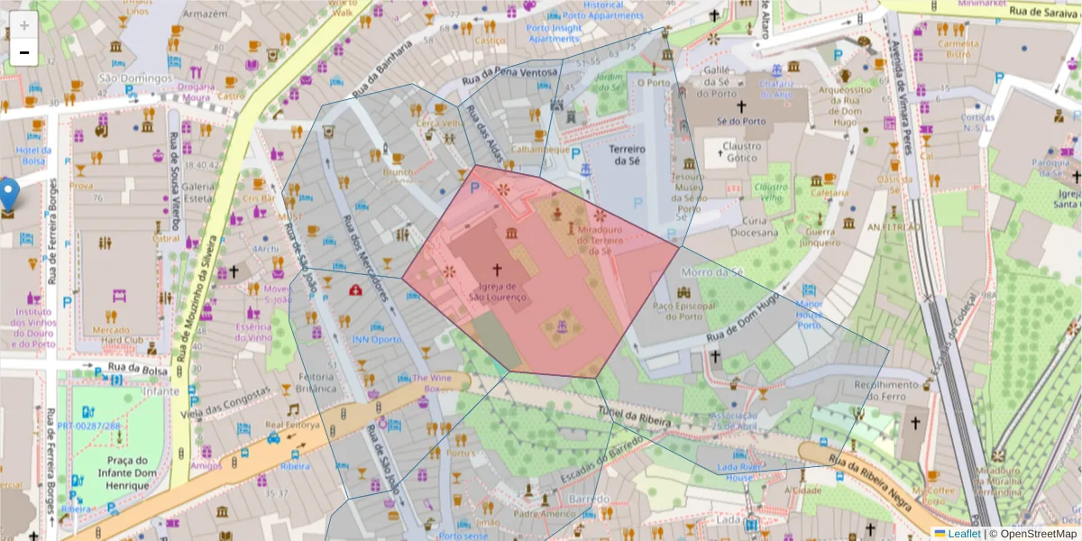 Mapa detalhado do código postal 4050-208 com limites, códigos postais vizinhos e agências dos correios