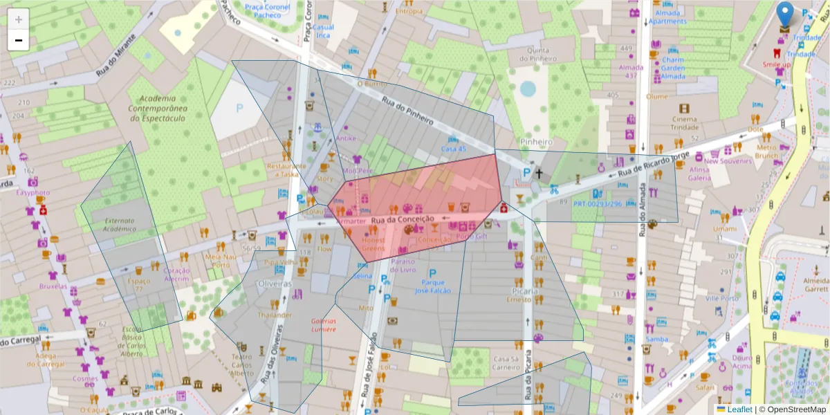 Mapa detalhado do código postal 4050-214 com limites, códigos postais vizinhos e agências dos correios