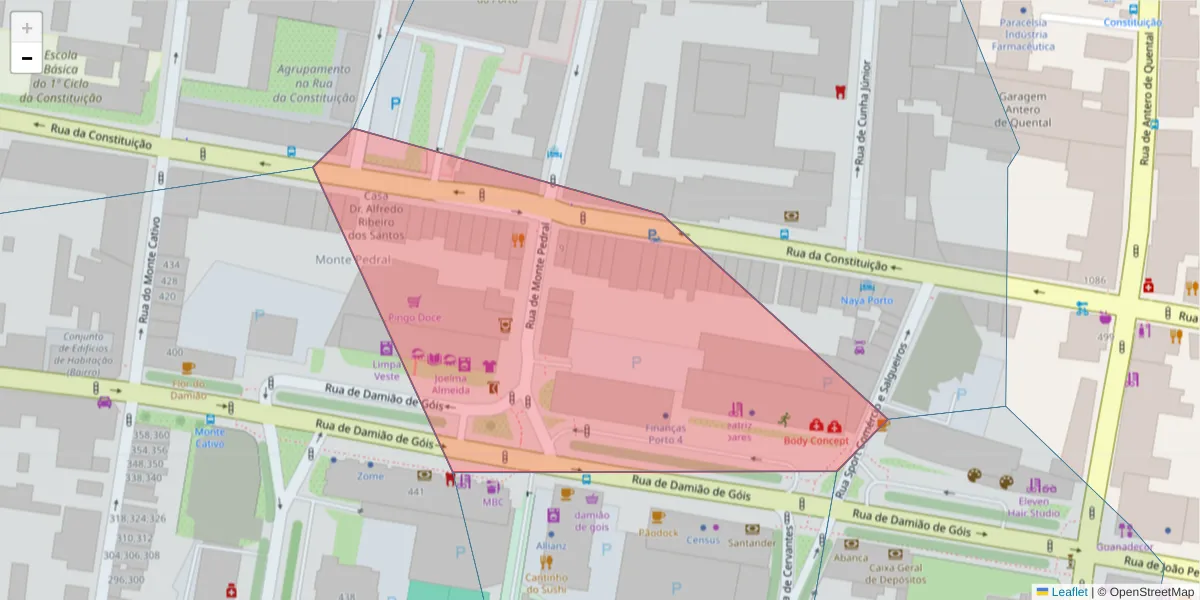 Mapa detalhado do código postal 4050-223 com limites, códigos postais vizinhos e agências dos correios