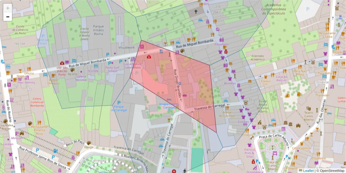 Mapa detalhado do código postal 4050-229 com limites, códigos postais vizinhos e agências dos correios