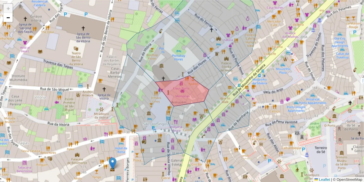 Mapa detalhado do código postal 4050-262 com limites, códigos postais vizinhos e agências dos correios