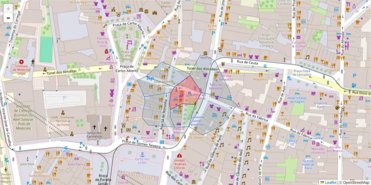 Mapa detalhado do código postal 4050-293 com limites, códigos postais vizinhos e agências dos correios