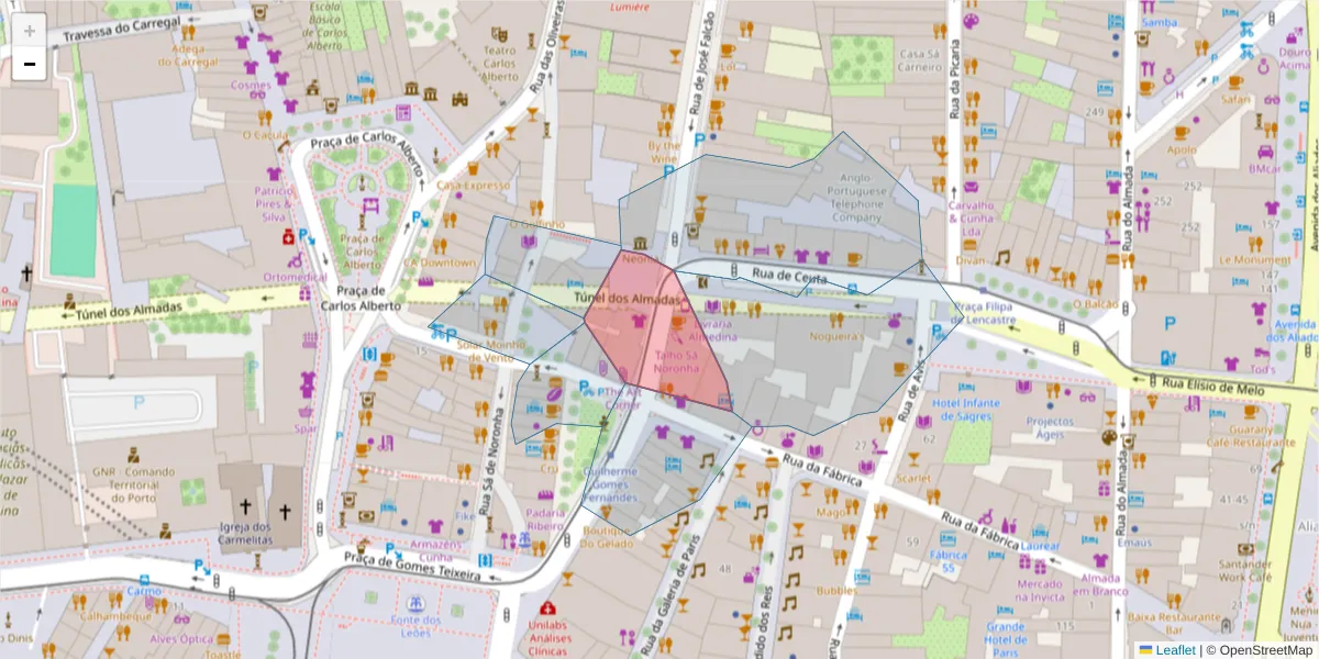 Mapa detalhado do código postal 4050-314 com limites, códigos postais vizinhos e agências dos correios